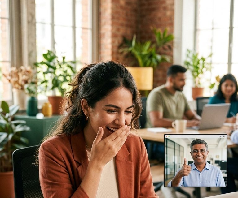 Startup founder celebrating her new website launch on a video call with the Vimansoft team