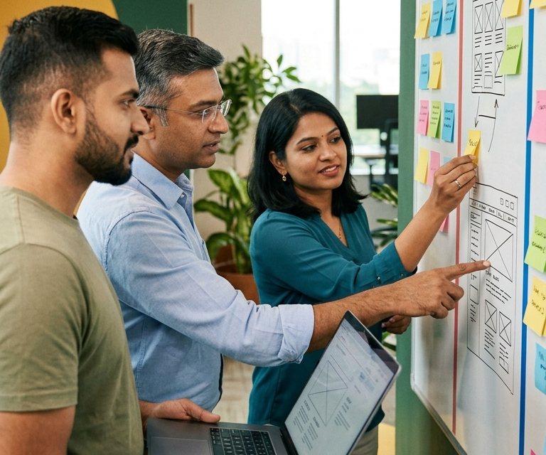 Vimansoft project team planning a website and software project on a whiteboard