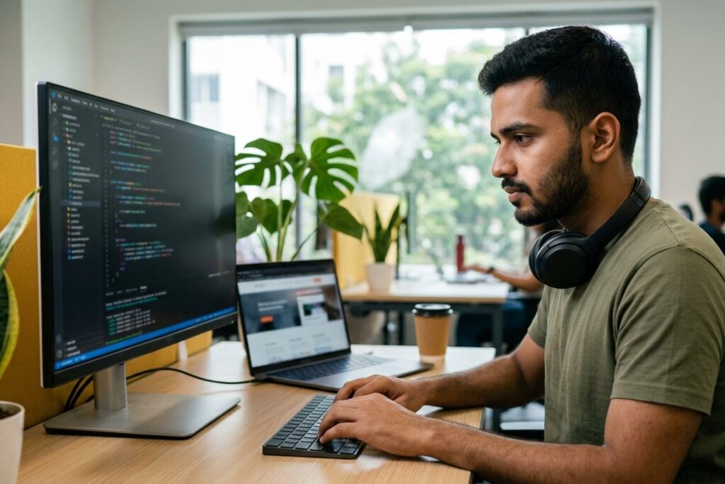 Vimansoft developer writing code for a client website