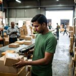Courier staff scanning parcels in a logistics hub using courier management software