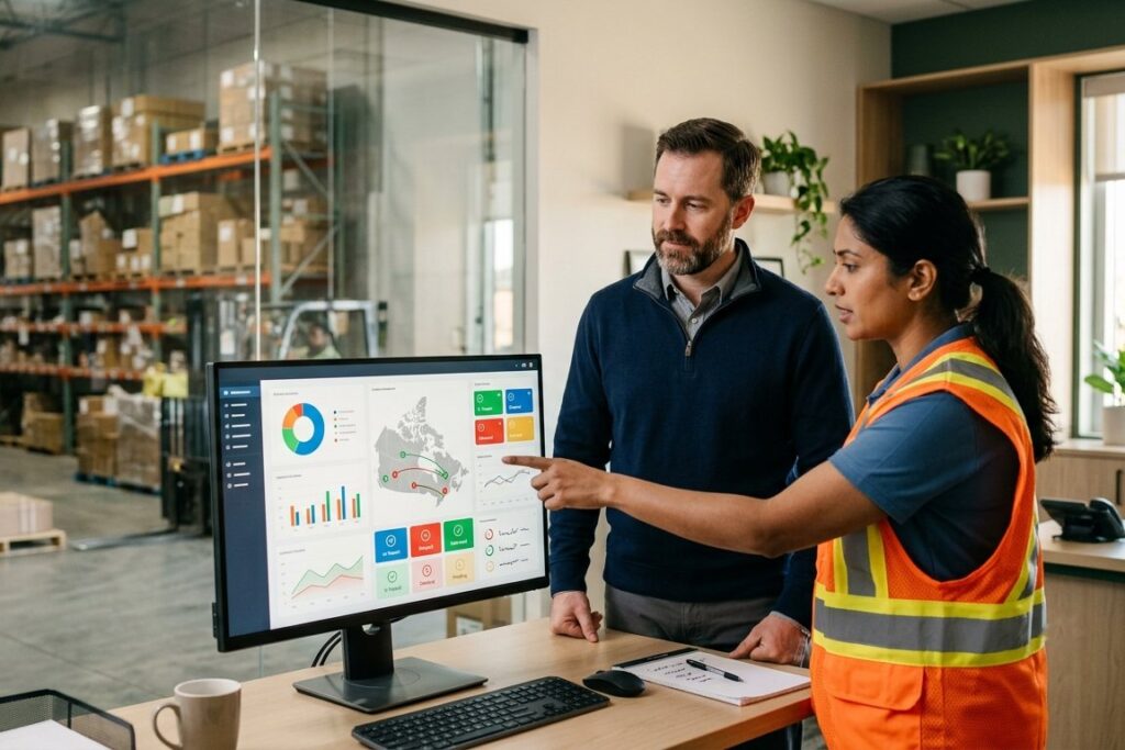 Logistics manager and colleague using a custom operations dashboard in a warehouse office