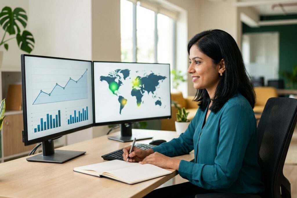 Digital marketing specialist analysing website traffic from the Americas and Europe