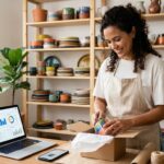 Online store owner packing orders while new sales appear on her e-commerce dashboard