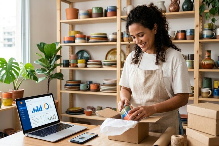 Online store owner packing orders while new sales appear on her e-commerce dashboard