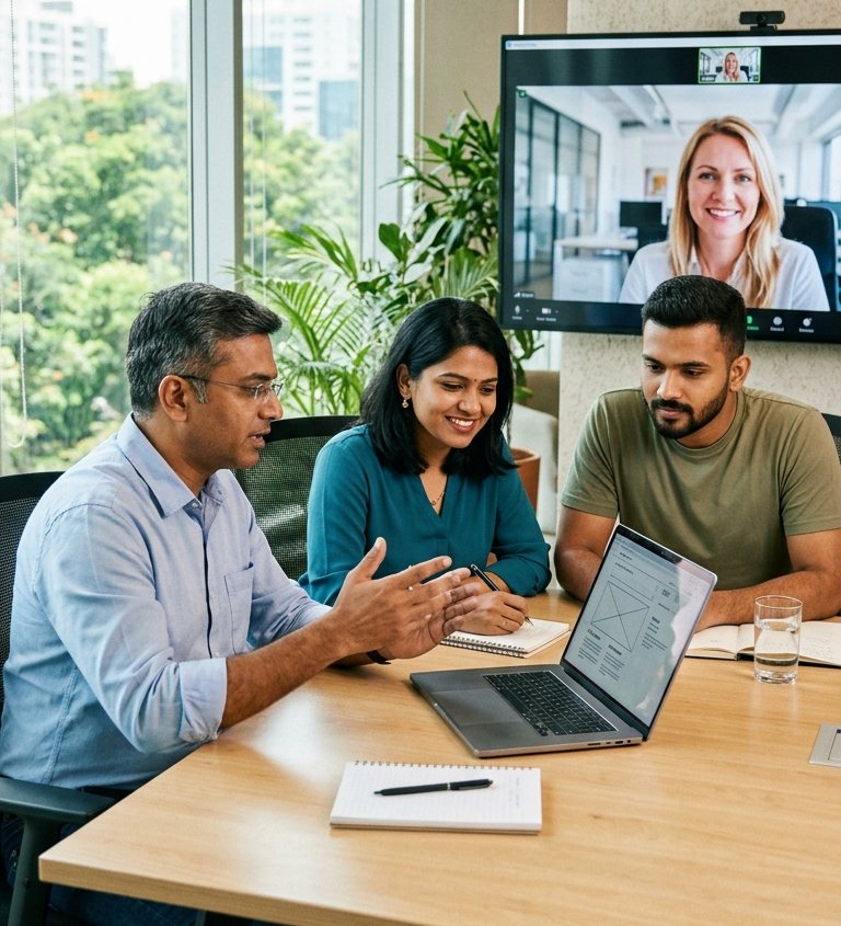 Vimansoft team in Bengaluru on a video call with a client in Europe