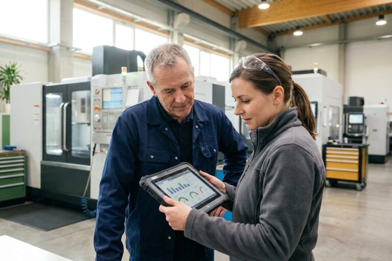 Manufacturing business owner and supervisor checking production data on a tablet on the factory floor