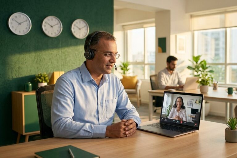 Vimansoft consultant on a video call with a US client, with clocks showing different time zones