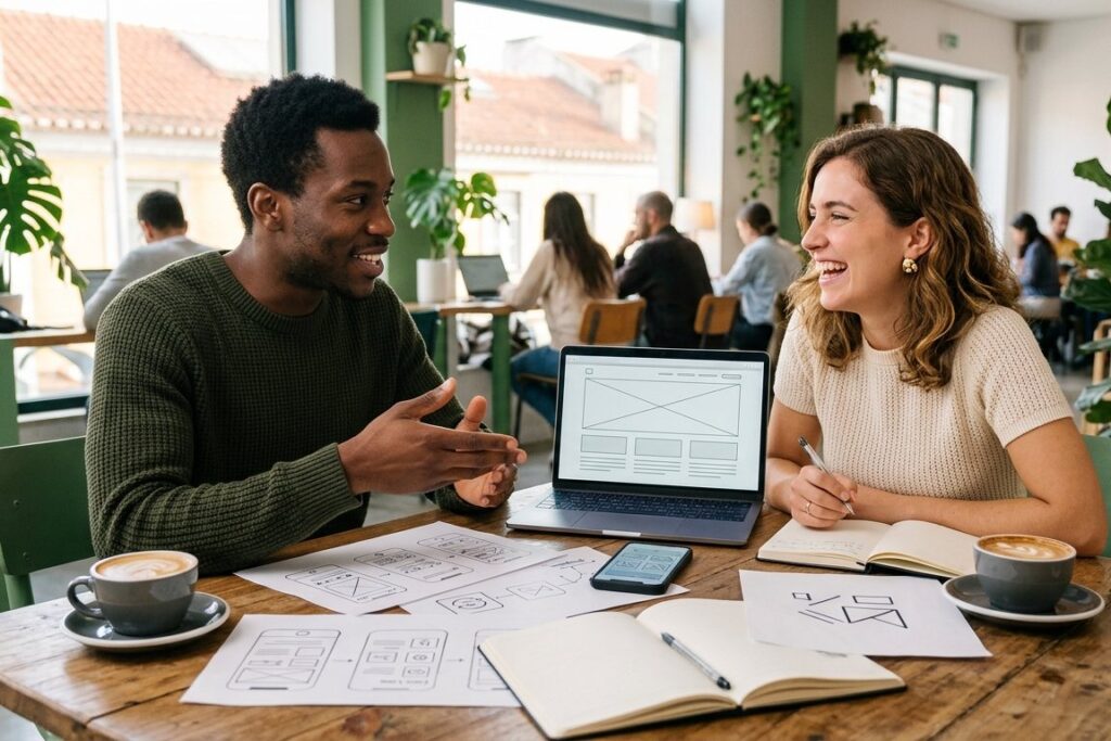 Two co-founders planning their new business, website and app in a café