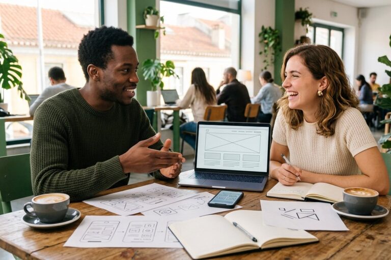 Two co-founders planning their new business, website and app in a café