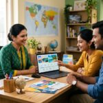 Travel agent planning a trip itinerary with customers using travel agency software
