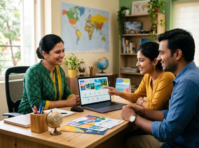Travel agent planning a trip itinerary with customers using travel agency software